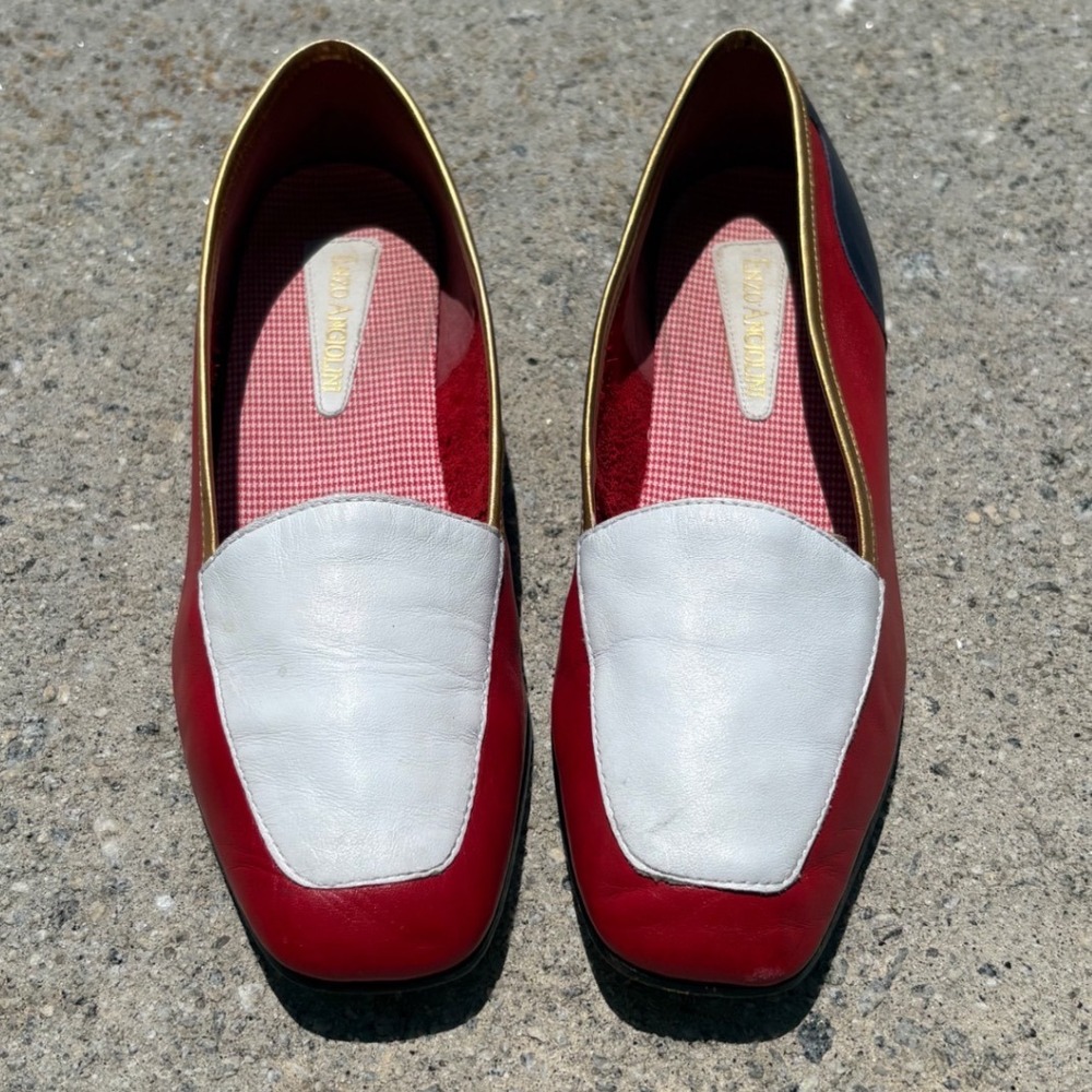 Enzo Angiolini Red White Blue Leather Colorblock Loafers Gold Trim Flats 7M